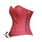 Red Floral Texture Leather Gothic Overbust Corset Christmas Costume, Women Overbust Waist Trainer Authentic Steel Boned Sexy Corset top